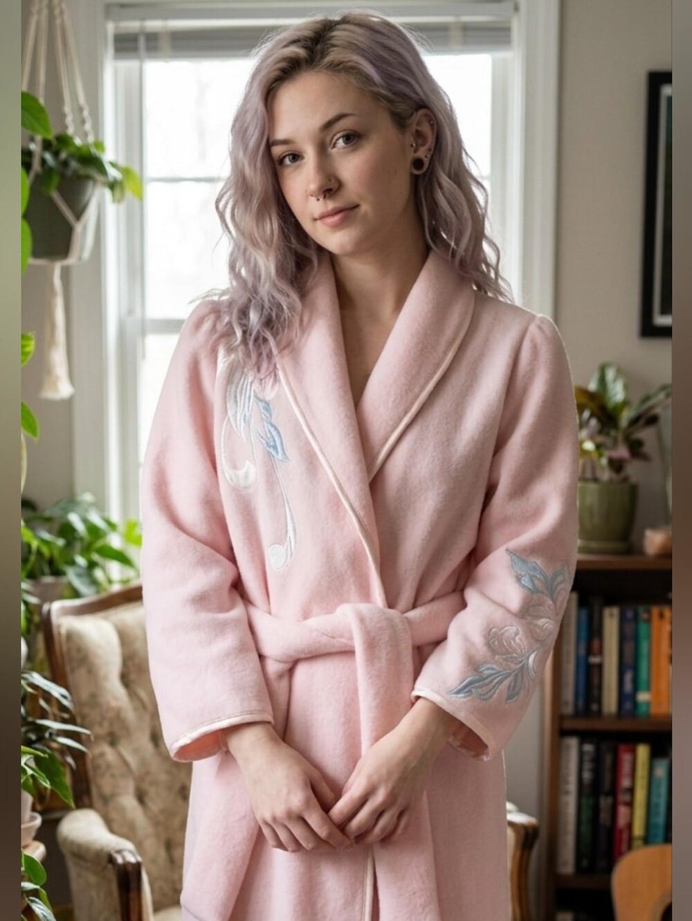 Stunning Vintage Josie Natori Blush Pink Collar Robe with Tie Belt